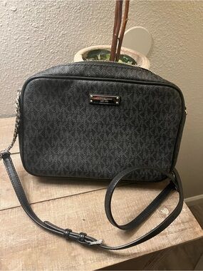 Michael Kors black with grey  Logo Crossbody Bag with Silver Hardware